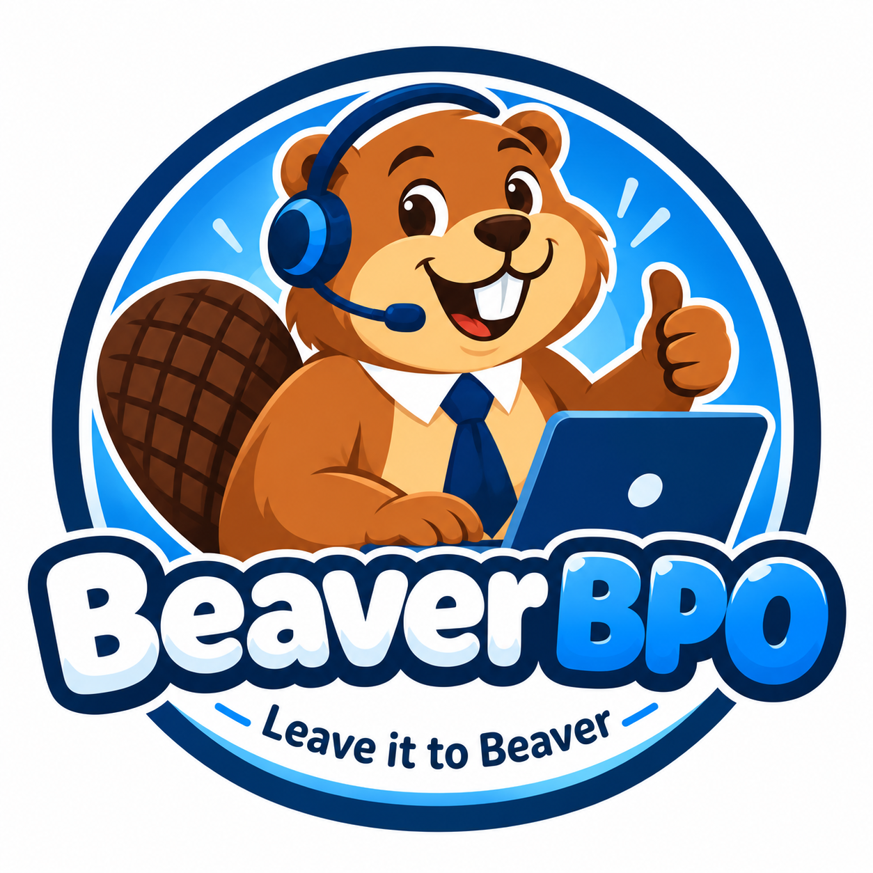 Beaver BPO mascot wearing a headset at a laptop. Leave it to Beaver.